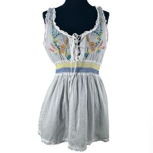 Johnny Was embroidered floral scalloped trim fitted waist laced tie mini tunic